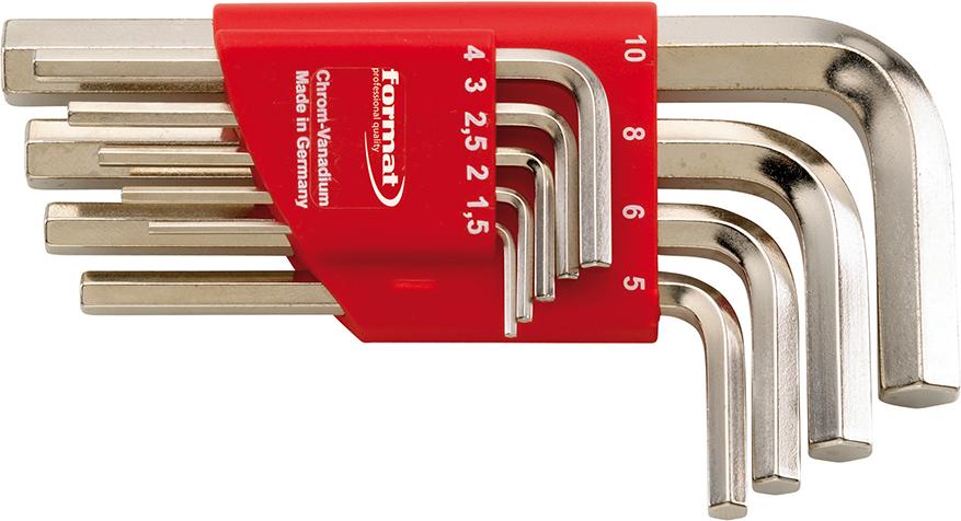 Набір шестигранних ключів у ручному тримачі, 9 предметів 1,5 – 10 мм, нікельовані FORMAT