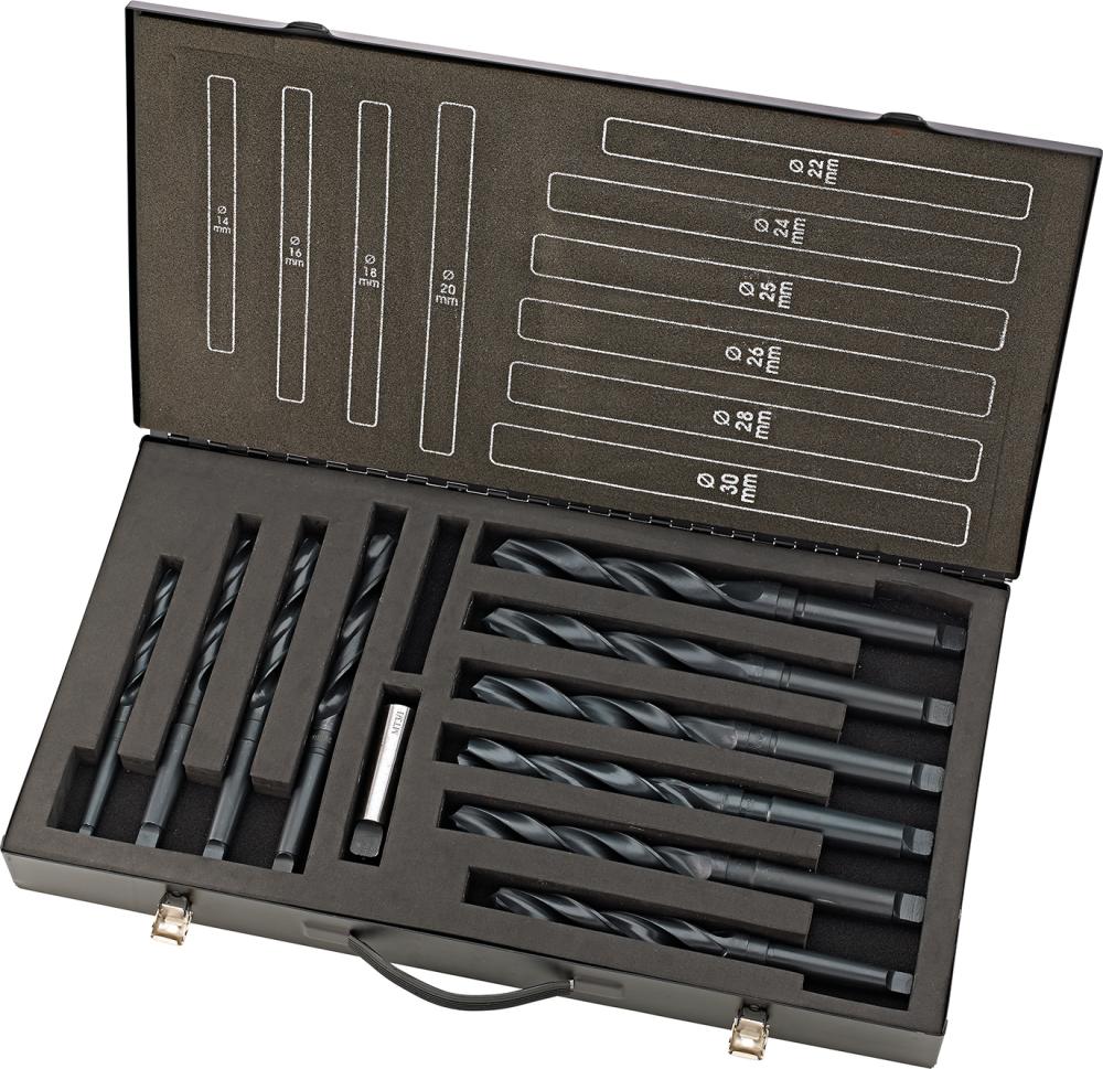 Набір спіральних свердел DIN345 HSS циліндричні. 14-30 мм, крок 2 мм + 25 мм, у металевому футлярі. FORTIS