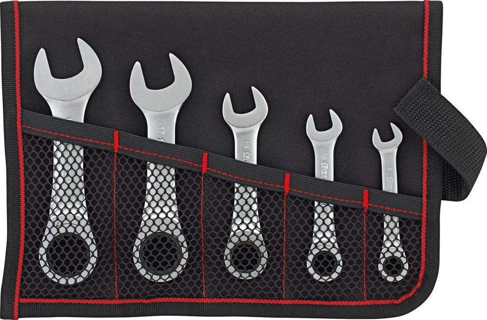 Набір ріжкових ключів з тріскачкою, прямих 8-19 мм, надзвичайно коротких. 5 шт., у рулонному пакеті. FORMAT