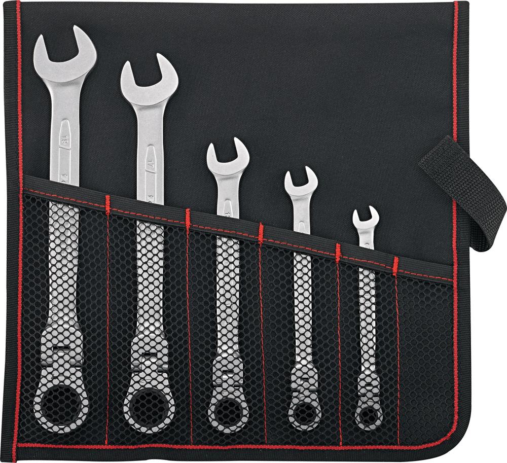 Набір шарнірних тріскачкових ключів 8 – 19 мм, 5 предметів у FORMATній сумці на рулоні