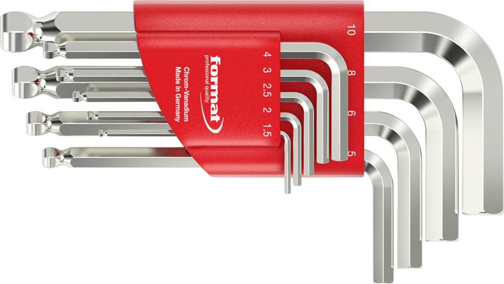 Набір шестигранних ключів у ручному тримачі, 9 предметів 1,5 – 10 мм, кульова головка FORMAT