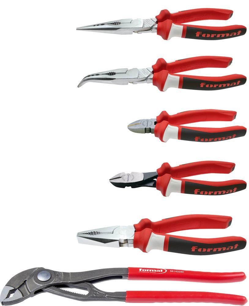 Набір хромованих плоскогубців з двокомпонентними ручками, 6 предметів, у картонній коробці FORMAT
