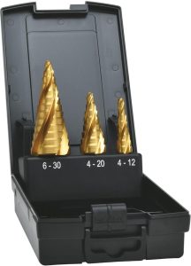 Sada stupňovitých vrtákov HSS TiN 4-násobná špirálová drážka 4 – 30 mm EXACT
