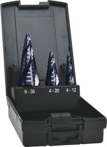 Sada stupňovitých vrtákov HSS TiAlN 4-násobná špirálová drážka 4 – 30 mm EXACT